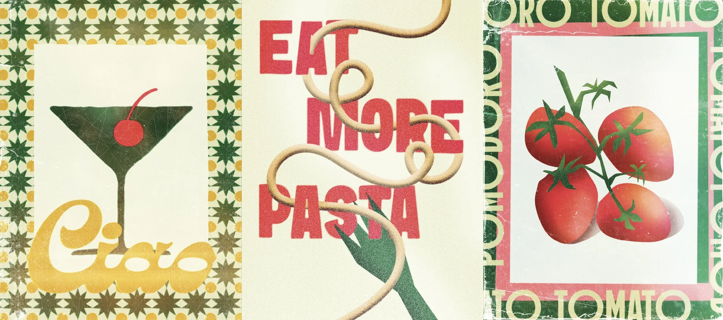 A collage of three sections: the left has a stylized martini glass with a cherry and the word 'Coca' in yellow; the middle has red text that says 'Eat More Pasta' with a curly beige pasta shape crossing over it; the right features a cluster of cartoon-style red tomatoes with green leaves and stems on a green-and-pink border.
