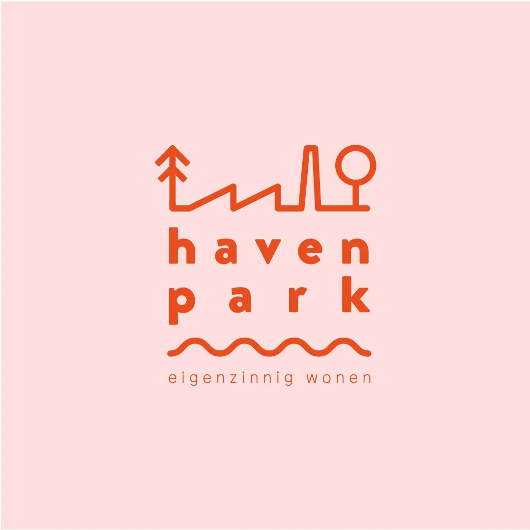 Logo for Haven Park, featuring simple line icons of a tree, factory, and circle, with wavy lines and the text 'haven park' and the Dutch phrase 'eigenzinnig wonen' on a pink background.