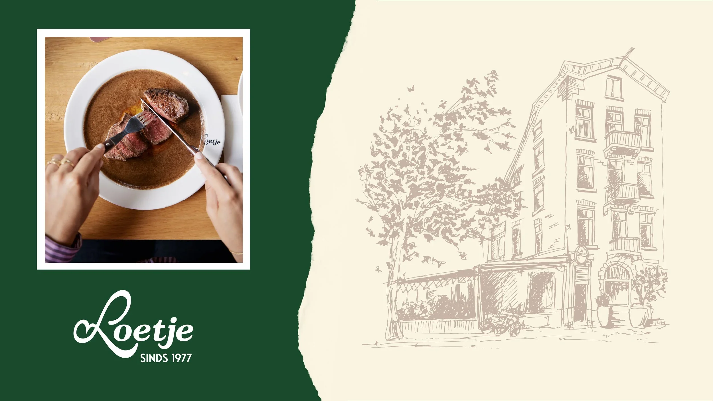 Brand identity Loetje. A plate of steak being sliced with a fork and knife on a wooden table, with a logo that says 'Koetje' and 'SINDS 1977' on it.
