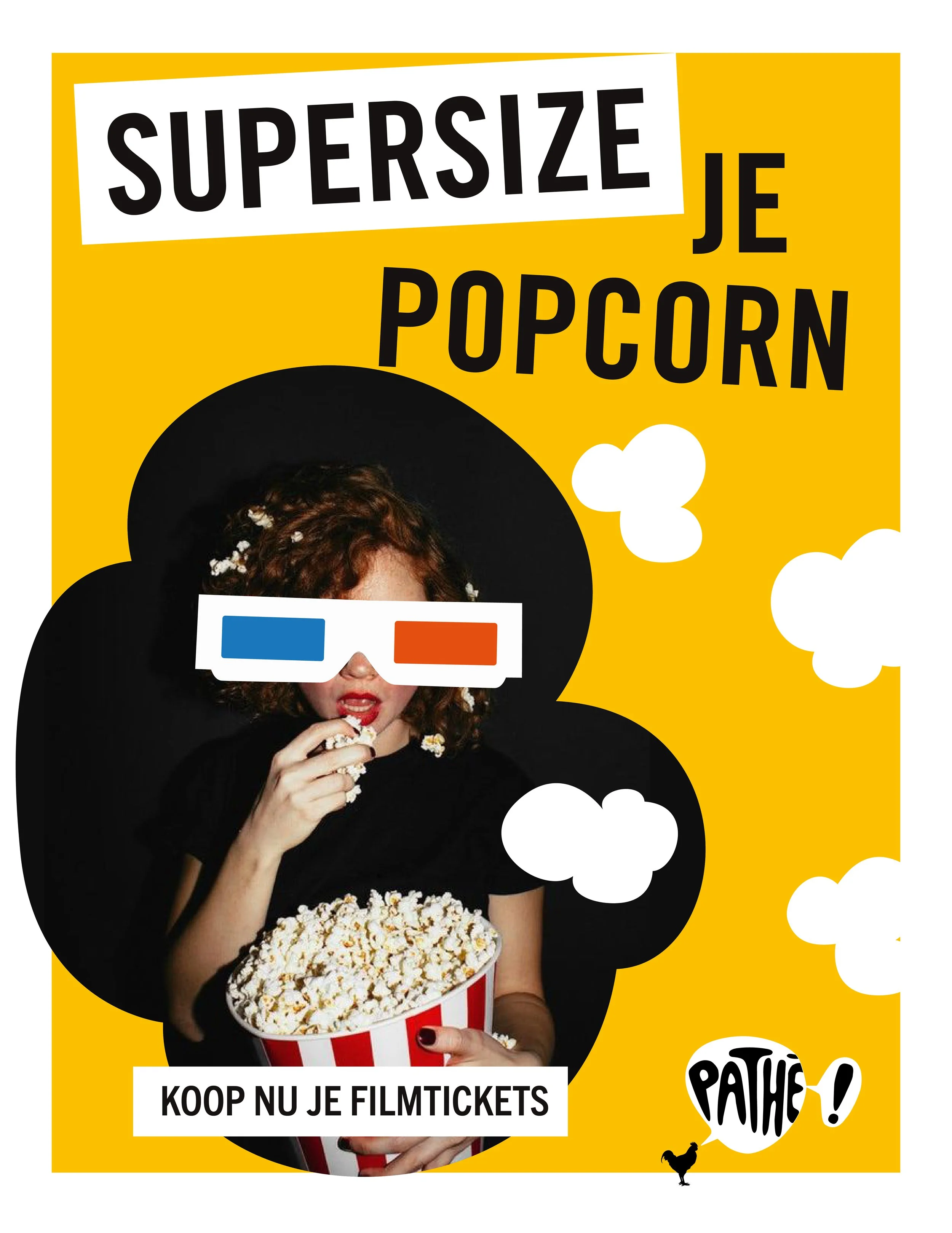 A woman with curly hair wearing 3D glasses and holding a large bucket of popcorn, with a yellow background and comic-style speech bubbles with words and icons related to movies.