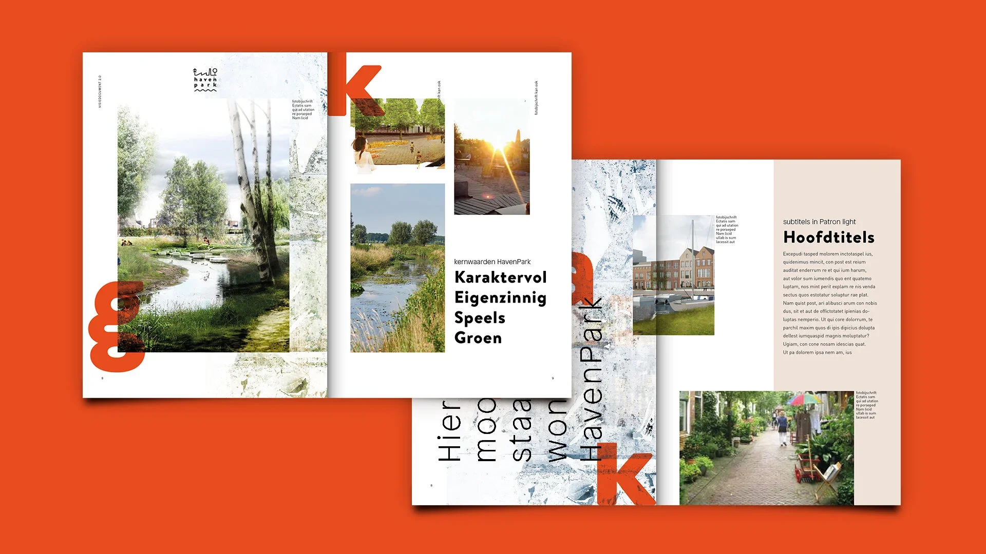 Brochure spread featuring images of green parks, water bodies, urban streets, and buildings, with textual overlays about Haven Park and subtitles in Patron Light font.