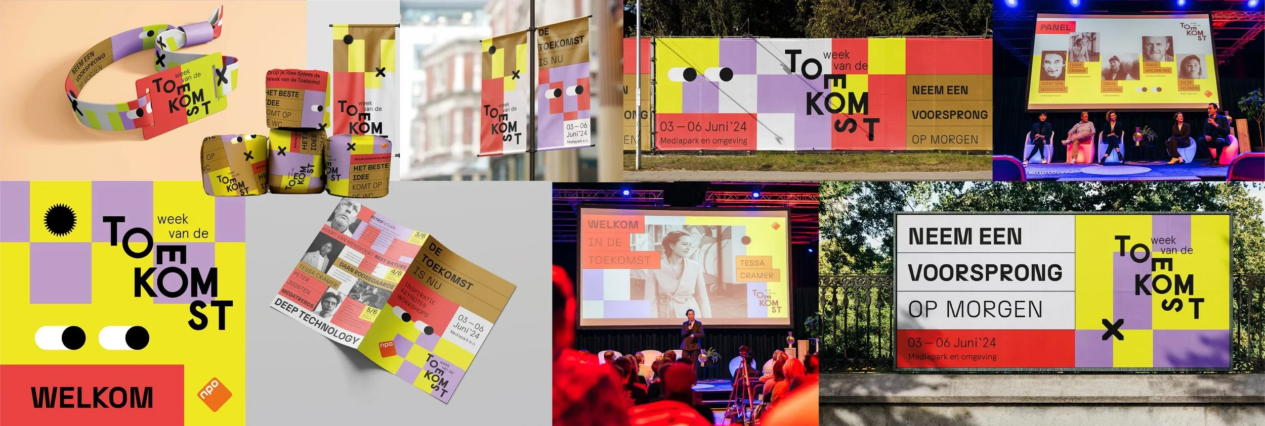 A collage of images related to a festival called "Week van de Toekomst" (Week of the Future) featuring graphic designs, banners, a wristband, flyers, and a stage with panel discussion. The main colors used are yellow, red, purple, black, and white.