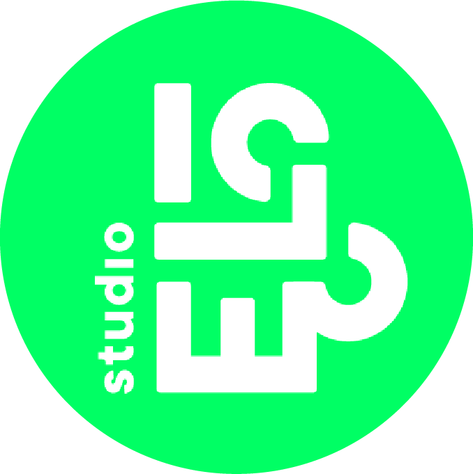studio Ilse van Hoof logo. A bright green circular logo featuring overlapping white text that reads 'studio' vertically on the left and large, stylized letters 'I,' 'L,' 'S,' and 'E' arranged vertically with a maze-like font.