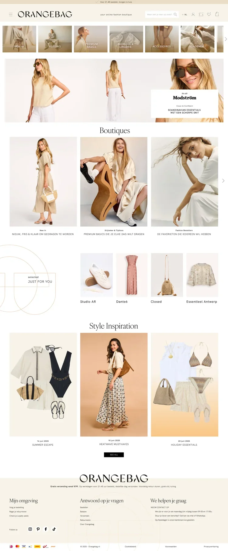 New homepage of Orangebag online fashion boutique showing models and clothing, shoes, accessories, and style inspiration sections.