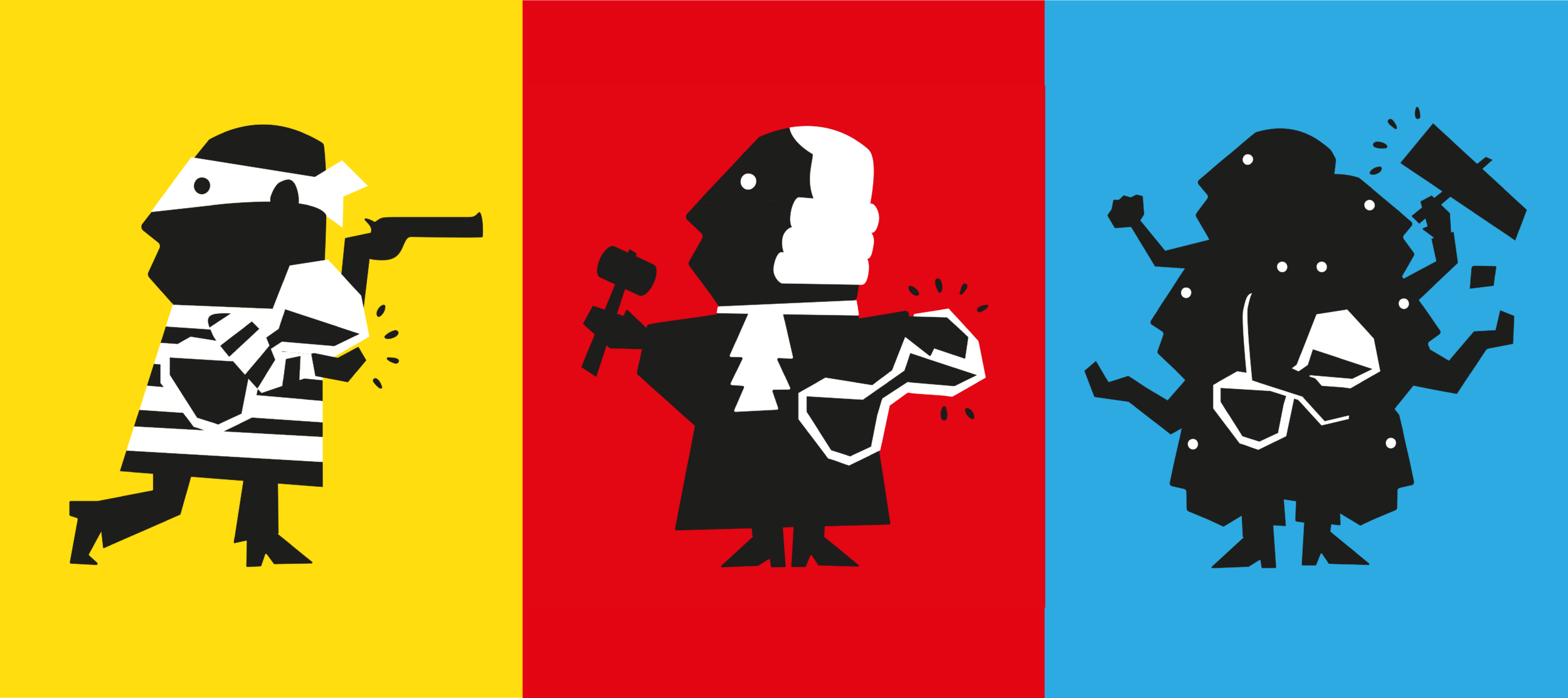 Three stylized black and white cartoon figures, each on a different colored background: a person in a striped shirt on yellow, a person with a wig on red, and a person in a suit on blue, all holding hammers.