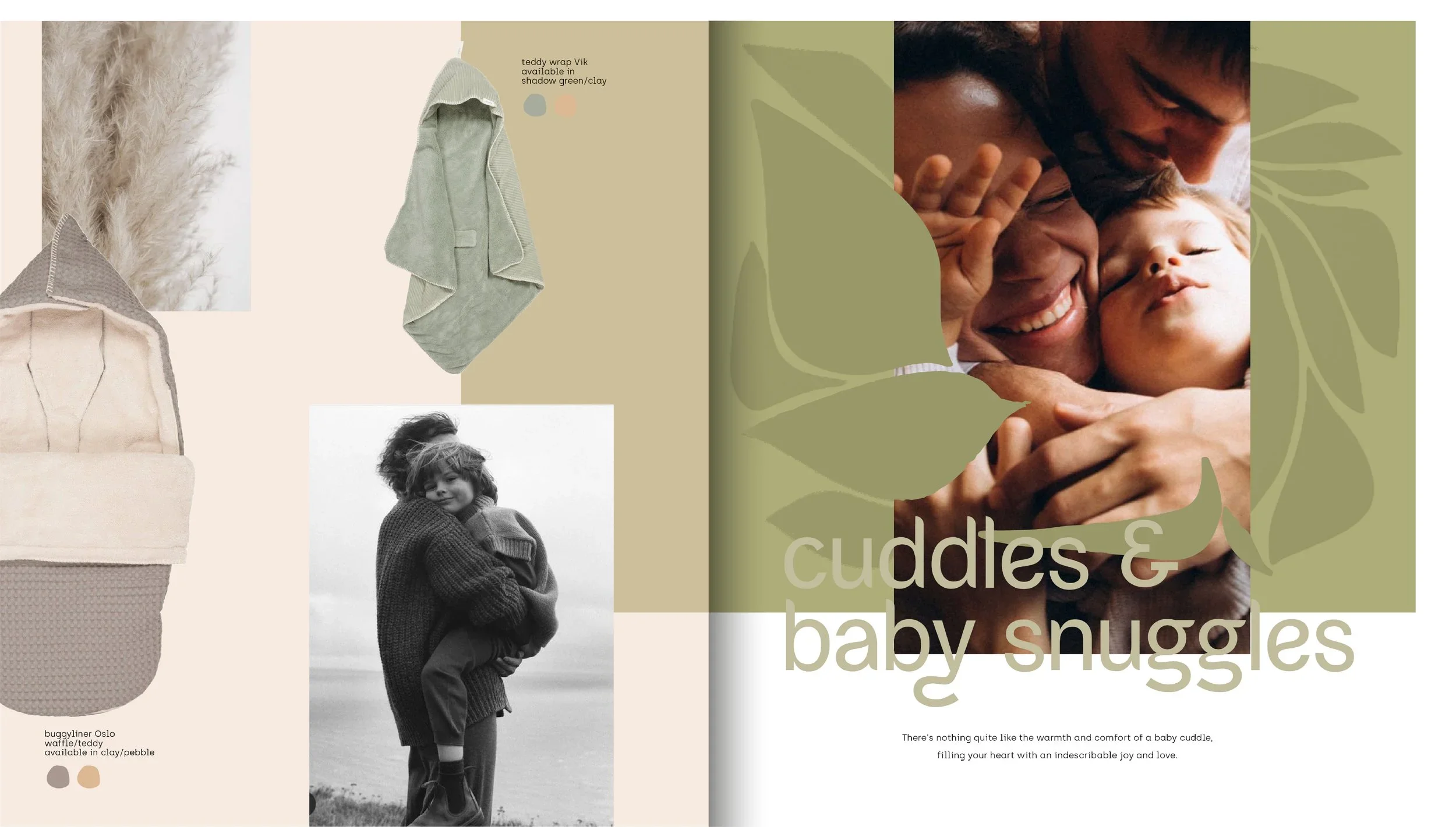 Koeka brand identity. A collage of images featuring cozy clothing and a mother and child embracing, with the text 'cuddles & baby snuggles' and a description about the warmth and comfort of baby cuddles.