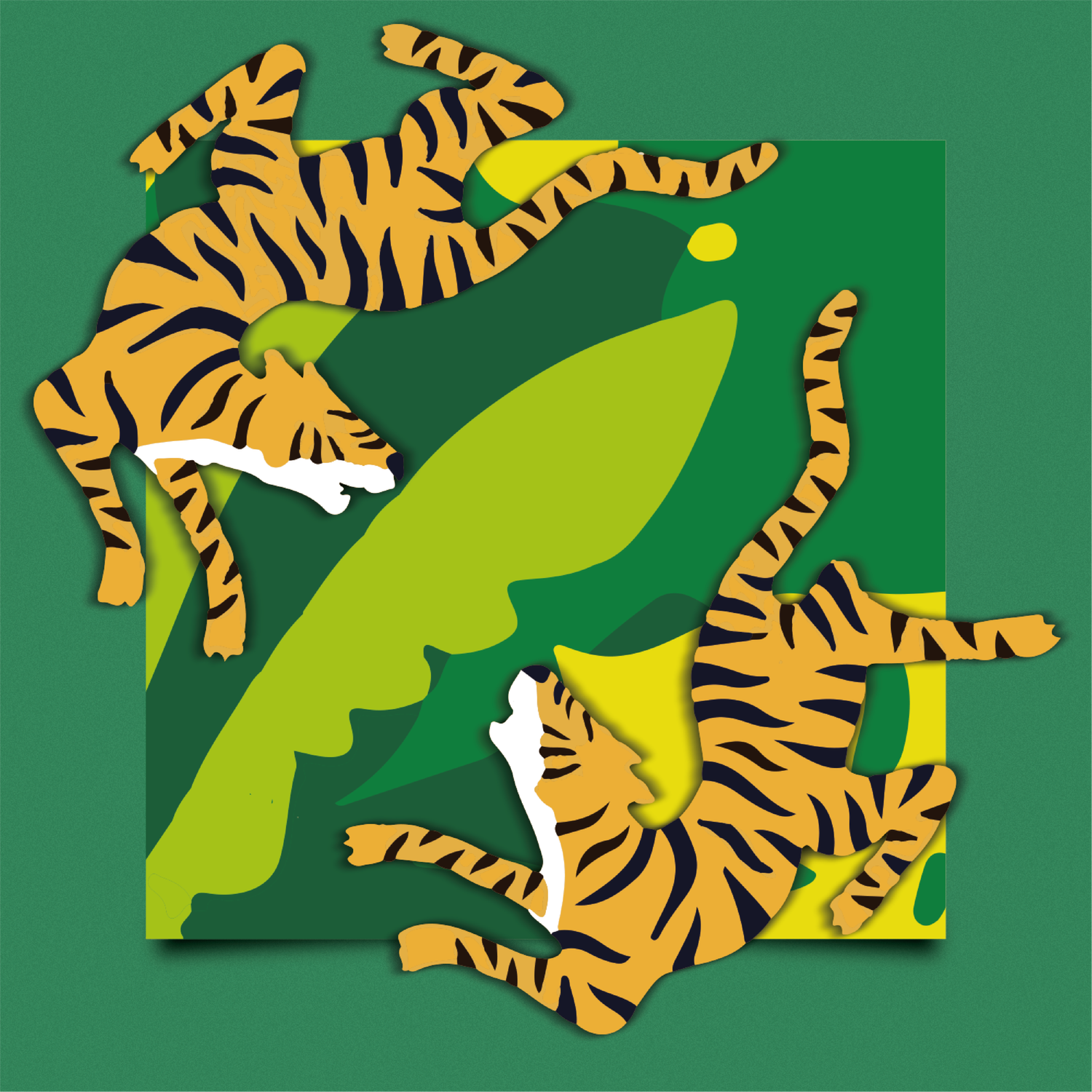 Illustration of multiple tigers with black stripes on yellow fur among green jungle leaves and background.