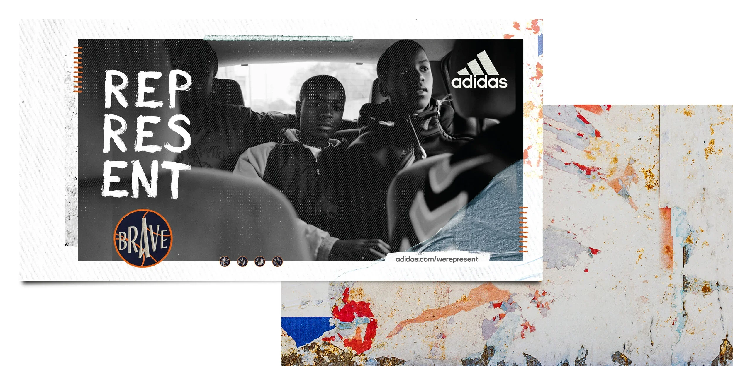 Adidas varcity campaign. Black and white photograph of young boys sitting in the back seat of a car, with the one in the front looking at the camera. The image has branding related to Adidas and a campaign called 'Reps for the Brave'.