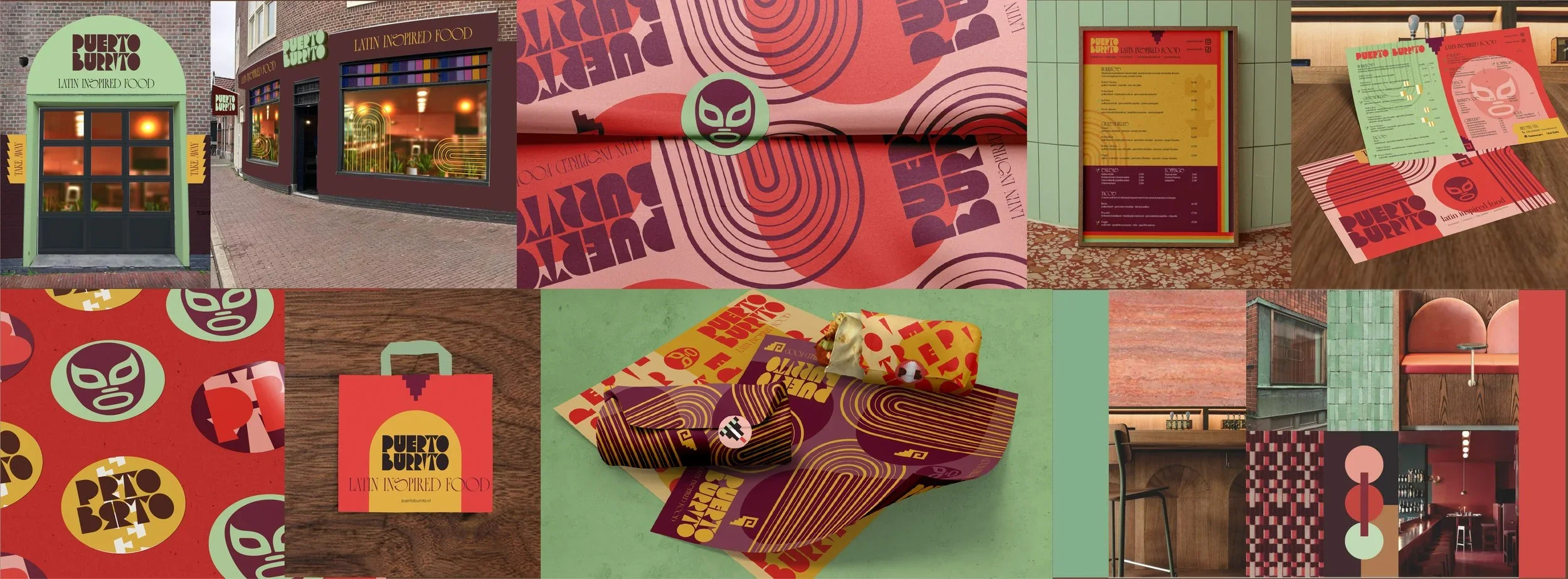 Collage of brand identity images featuring the branding and interior of Puerto Burrito, a Latin-inspired restaurant. Includes storefronts, menus, merchandise, packaging, and seating areas with colorful, bold design elements.