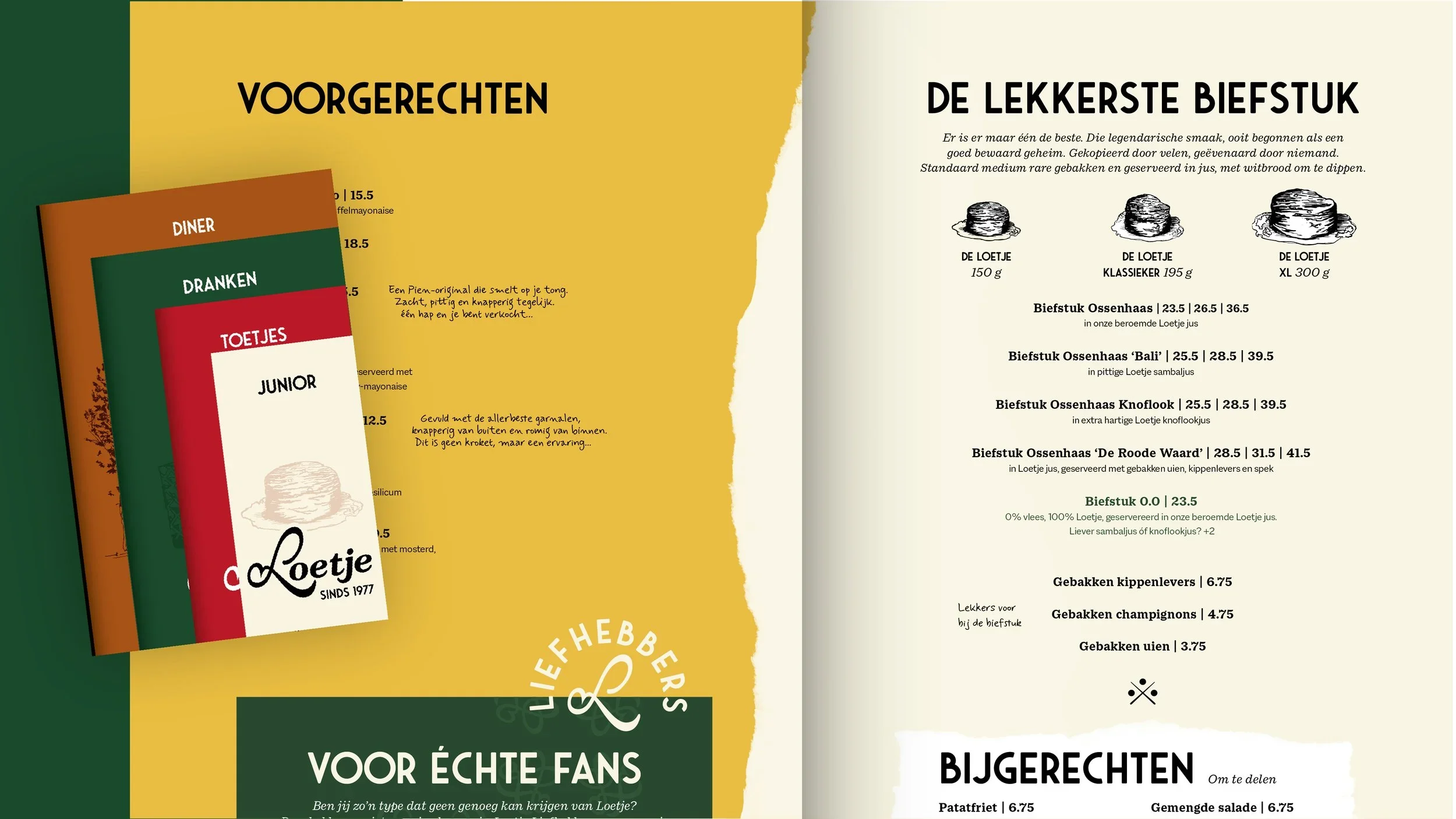 A menu featuring different types of beef dishes, including various steaks and preparations, with illustrations of steaks and descriptions in Dutch.