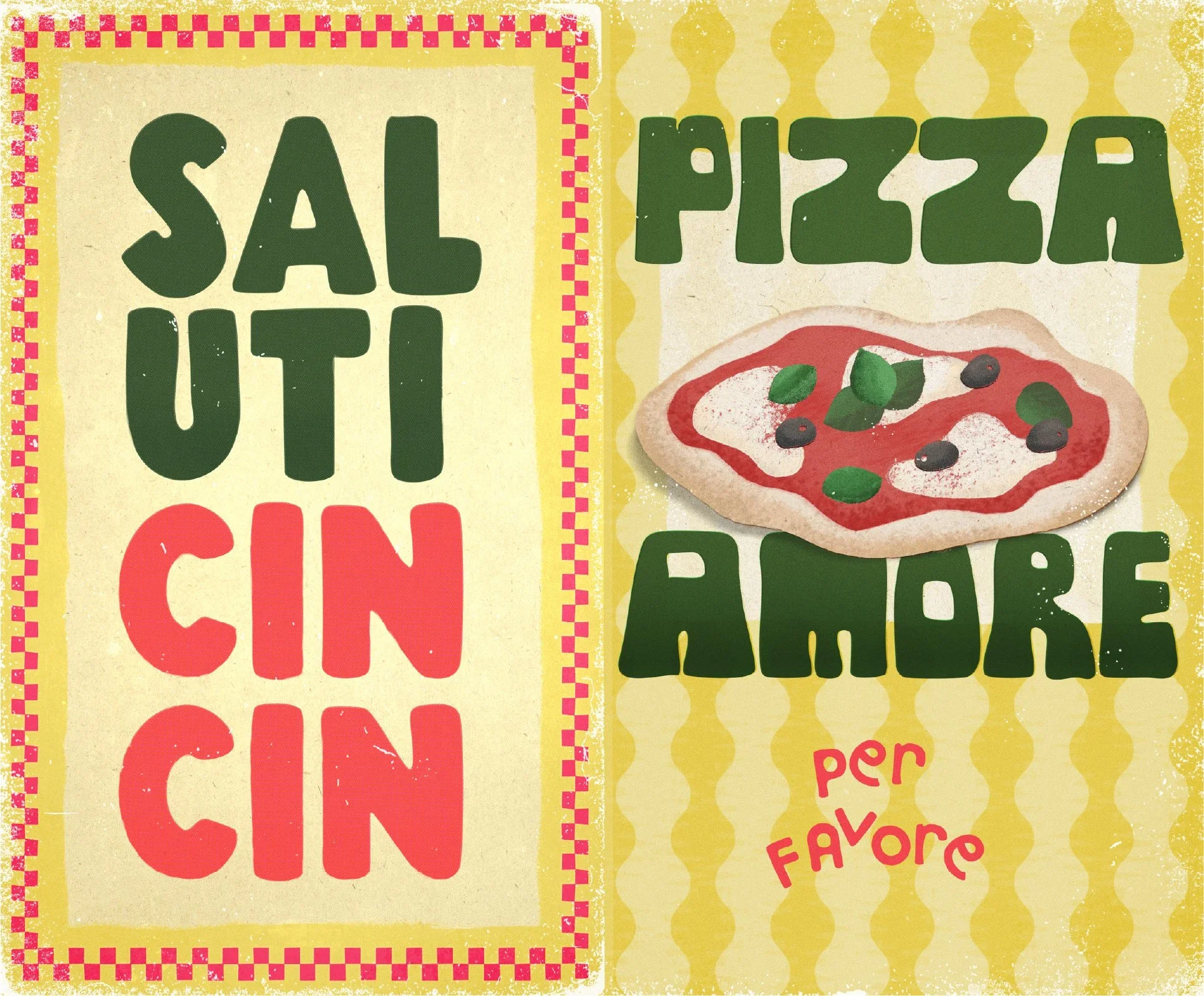 Close-up of a colorful pizza illustration with basil leaves, black olives, and tomato sauce. Text on the image says 'SALE' and 'PIZZA' on a yellow background with a dotted pattern.