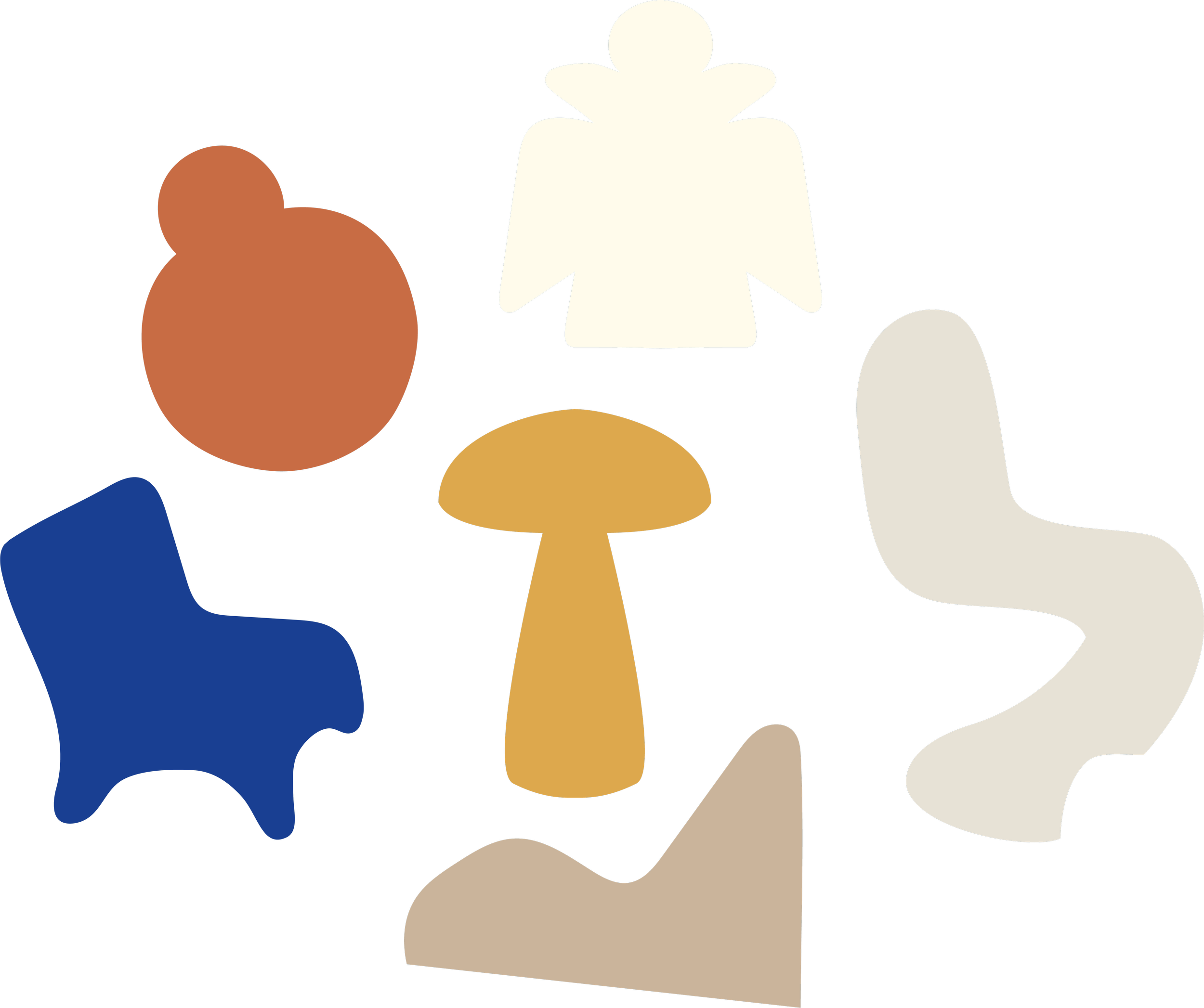 Abstract digital illustration featuring various overlapping hero product shapes in earthy and muted tones for Nine United, set against a dark background.