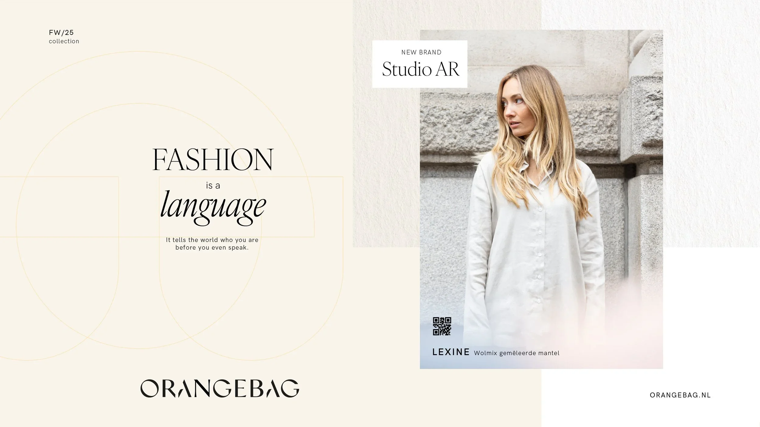 Orangebag design layout showing a model with blonde hair wearing a white shirt, standing against a stone wall, with text about fashion.