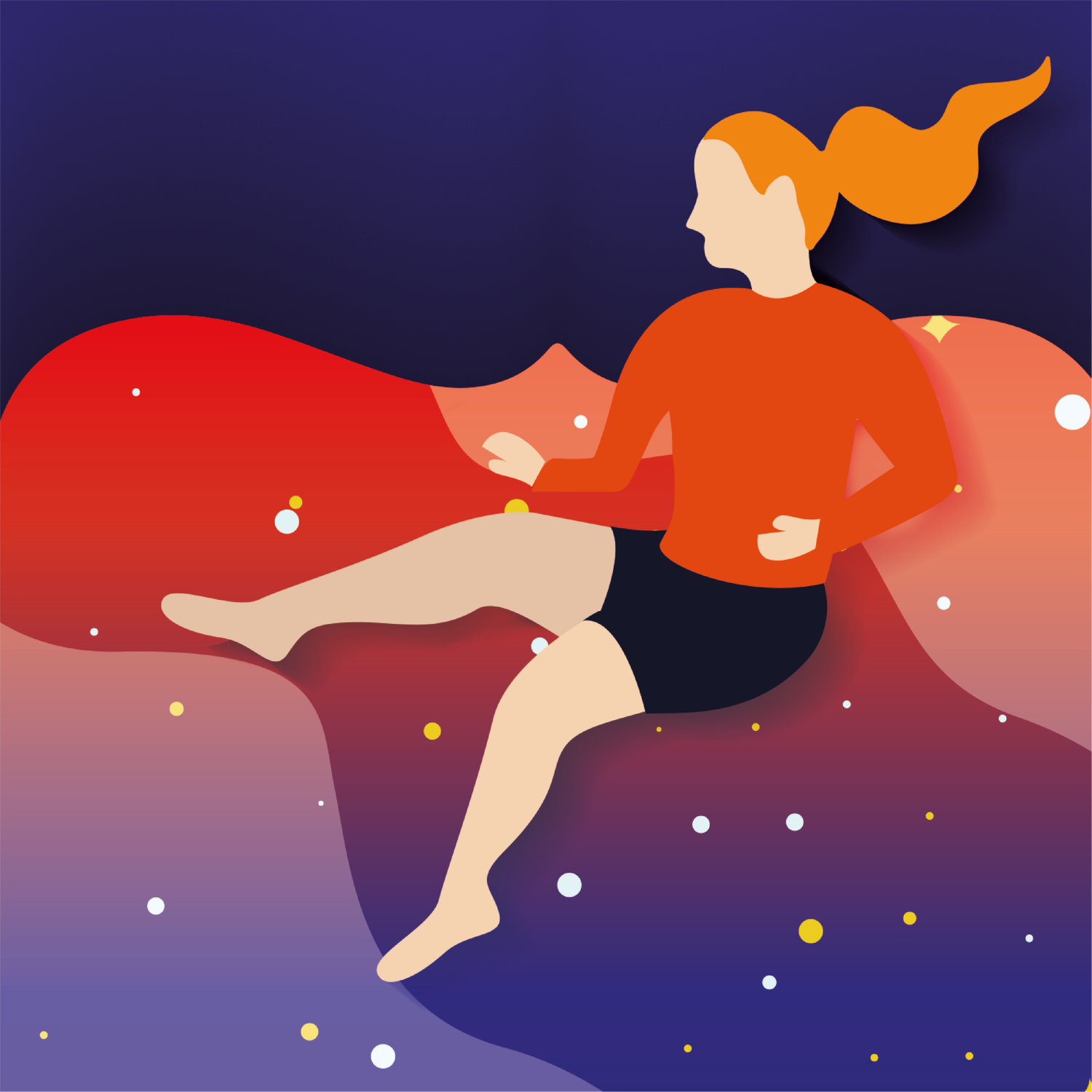 An abstract digital illustration of a woman sitting with one leg extended, against a gradient background with floating dots. She has orange hair, is wearing an orange top and black shorts, and is depicted in a minimalist style.