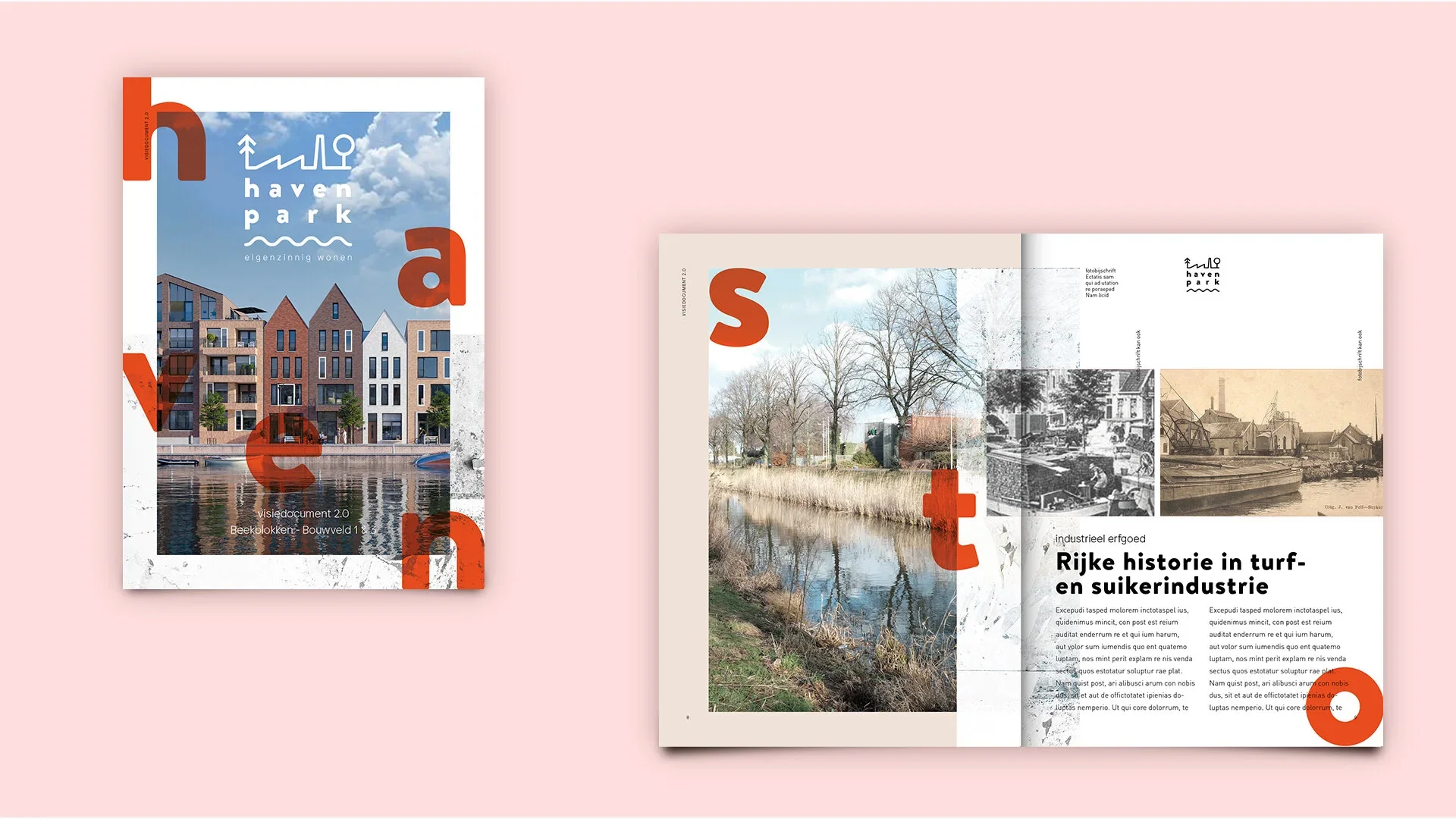Haven park. Two magazines or brochures featuring real estate and historical content, with images of modern apartments and a riverside scene, set against a pink background.