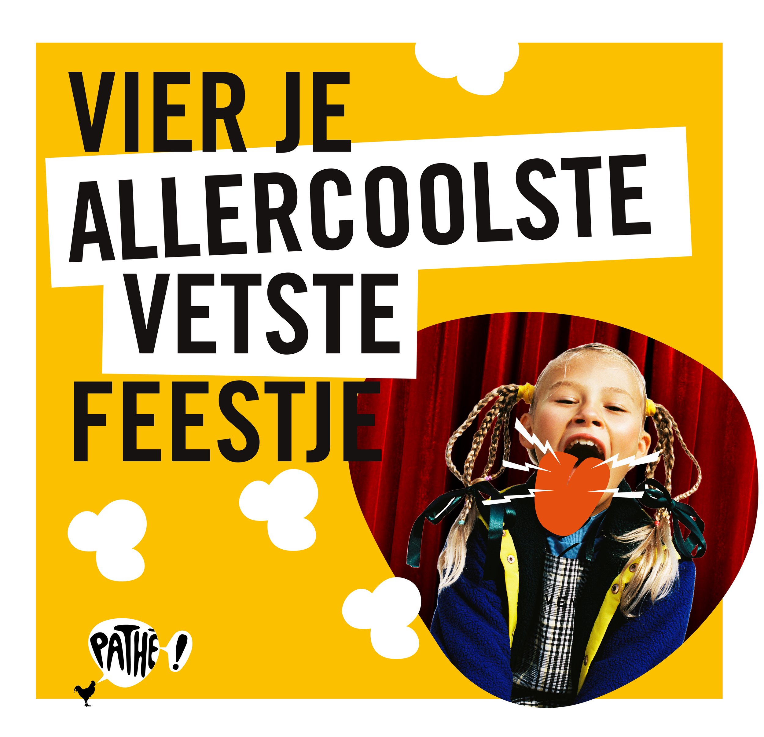 A colorful poster promoting a kids' event with a girl loudly singing or shouting, with speech bubbles and playful graphics.