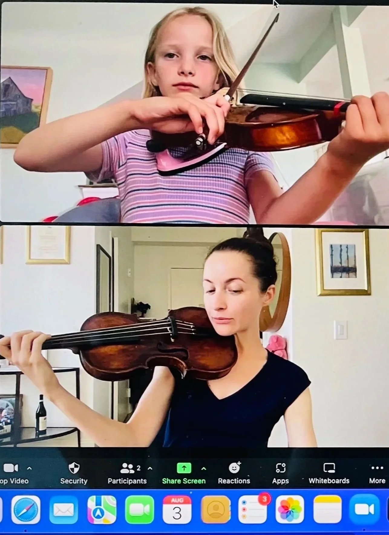 Violin student demonstrating proper bow hold and violin technique during a private lesson.