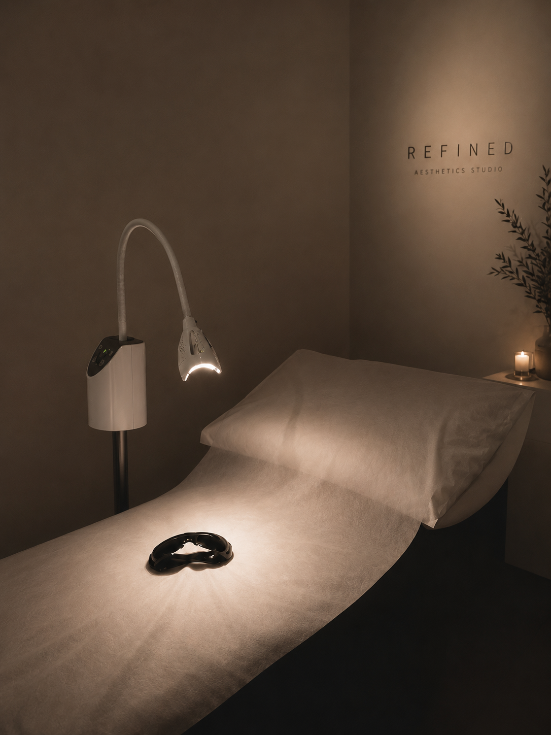 A treatment bed with a pillow, a magnification lamp, and a small candle off to the side in a dimly lit room with a sign on the wall that says 'Refined Aesthetics Studio' and a decorative plant.