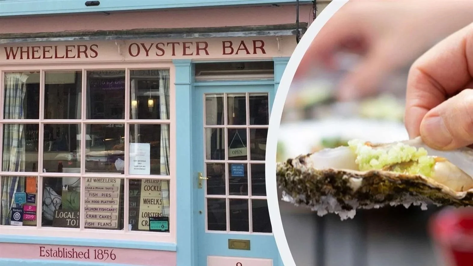 Exterior of Wheeler's Oyster Bar with pastel pink and blue storefront, sign displaying food options, and a close-up of a hand holding a fresh oyster with green garnish.