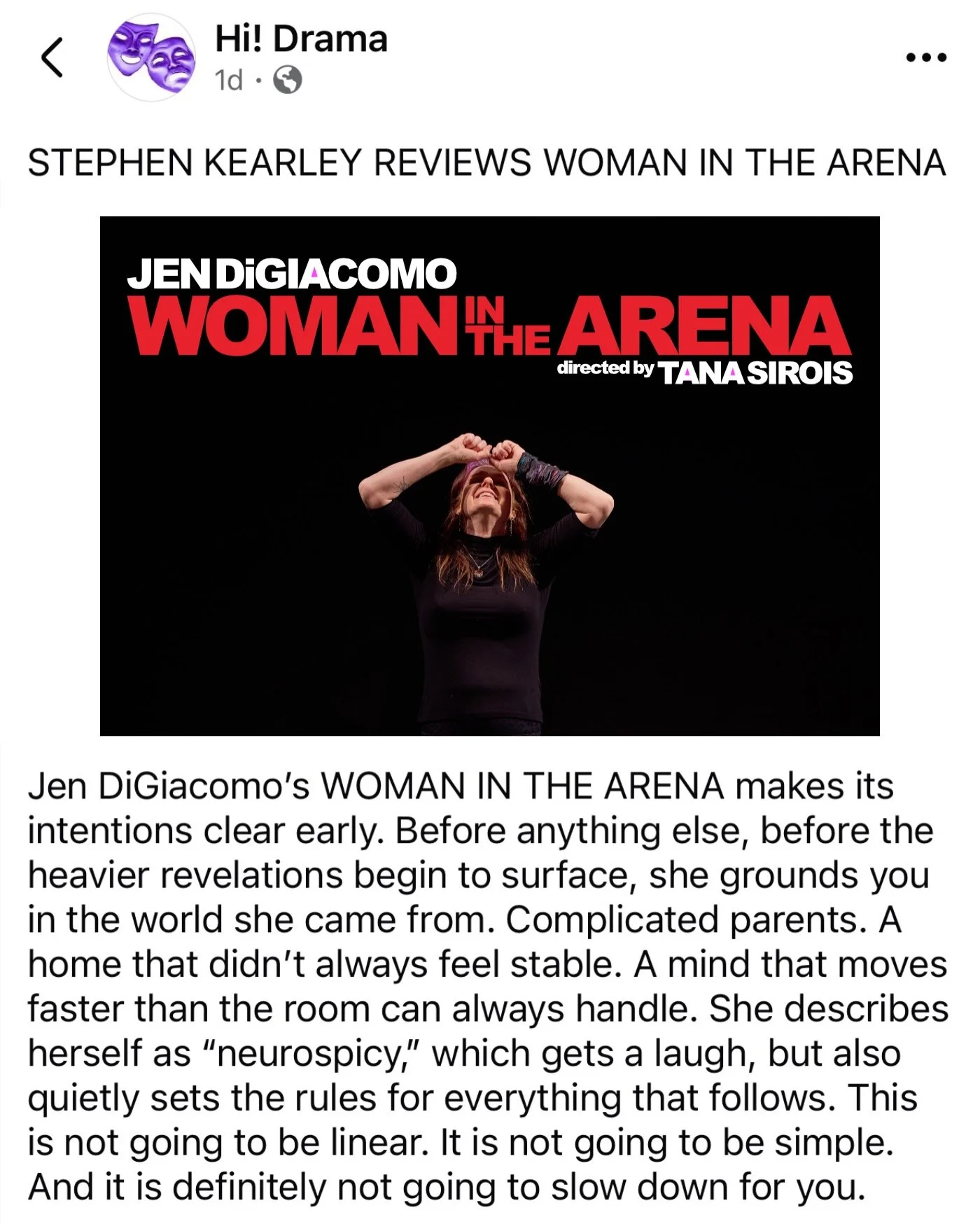 What a beautifully written, observant, nuanced review of my one-woman play Woman in the Arena that just wrapped its NYC run at @wildprojectnyc &mdash; there is so much depth to what @kearleycs wrote without revealing the twists and turns that are suc