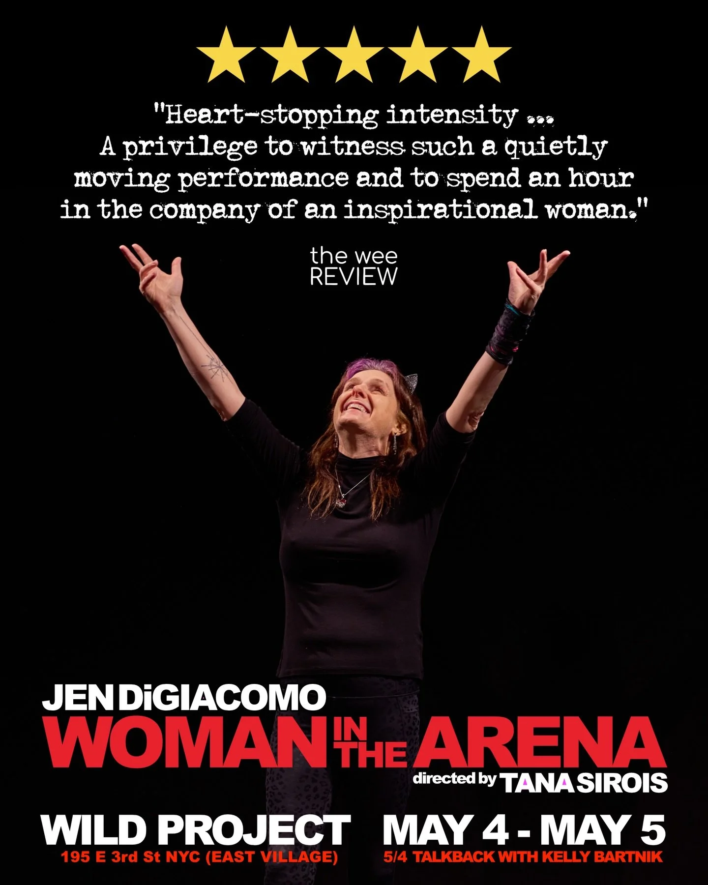 The Offie-nominated Woman in the Arena premieres @wildprojectnyc on May 4th with an after-show Talkback with director @tana_sirois and moderator @kelly.d.bartnik &mdash; Additional performance on May 5. Tickets and NEW Substack in the bio! #nyctheatr