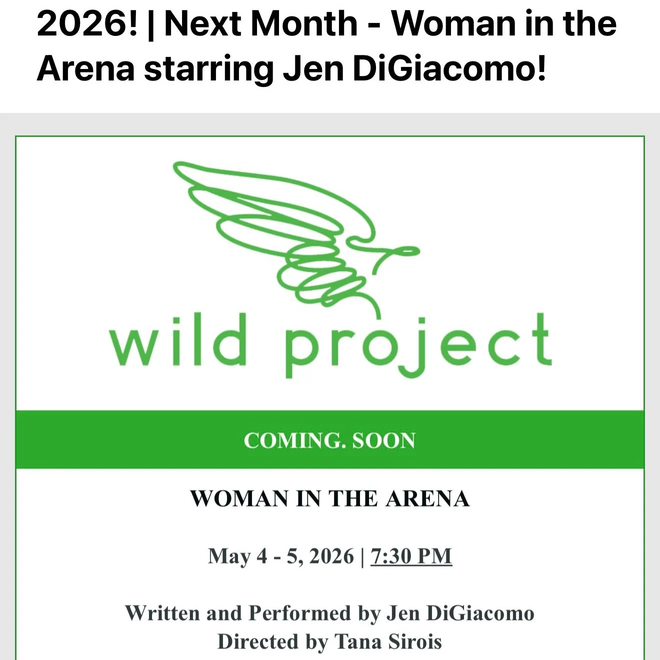 12 days before my 23rd performance of Woman in the Arena @wildprojectnyc and I&rsquo;m feeling &hellip; good! In fact, after the show on May 4, I&rsquo;ll be partaking in my very first talkback with my director @tana_sirois &mdash; moderated by @kell
