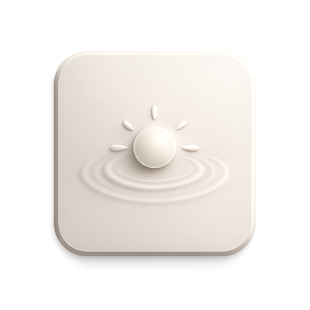 Neutral-toned icon featuring a minimal sun motif with soft rays, representing improved skin tone, radiance and luminosity.
