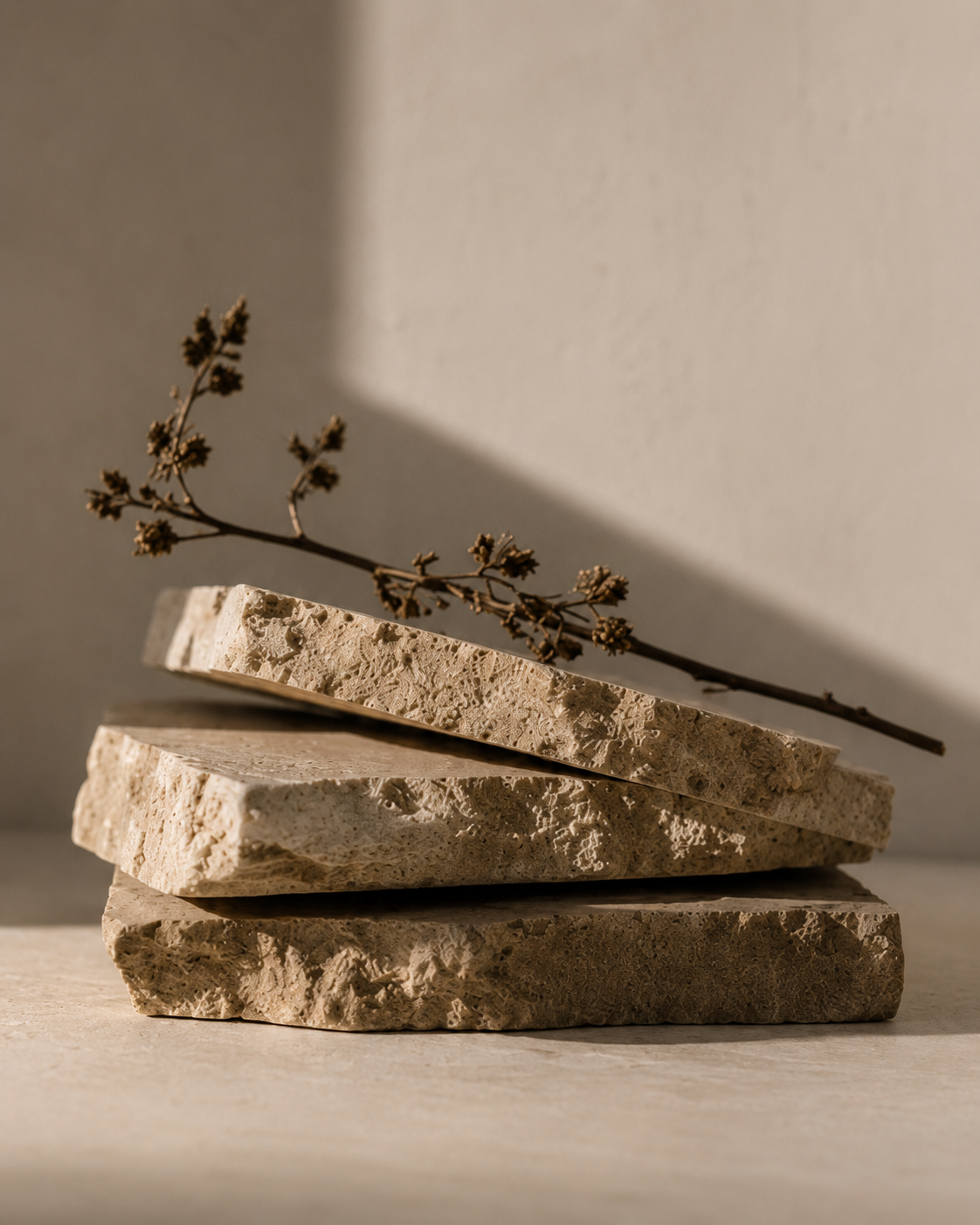 Stacked limestone with botanical stem
