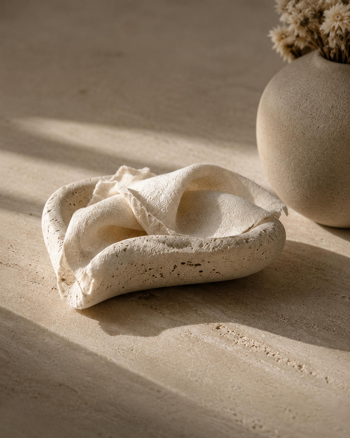 Linen cloth in organic stone bowl