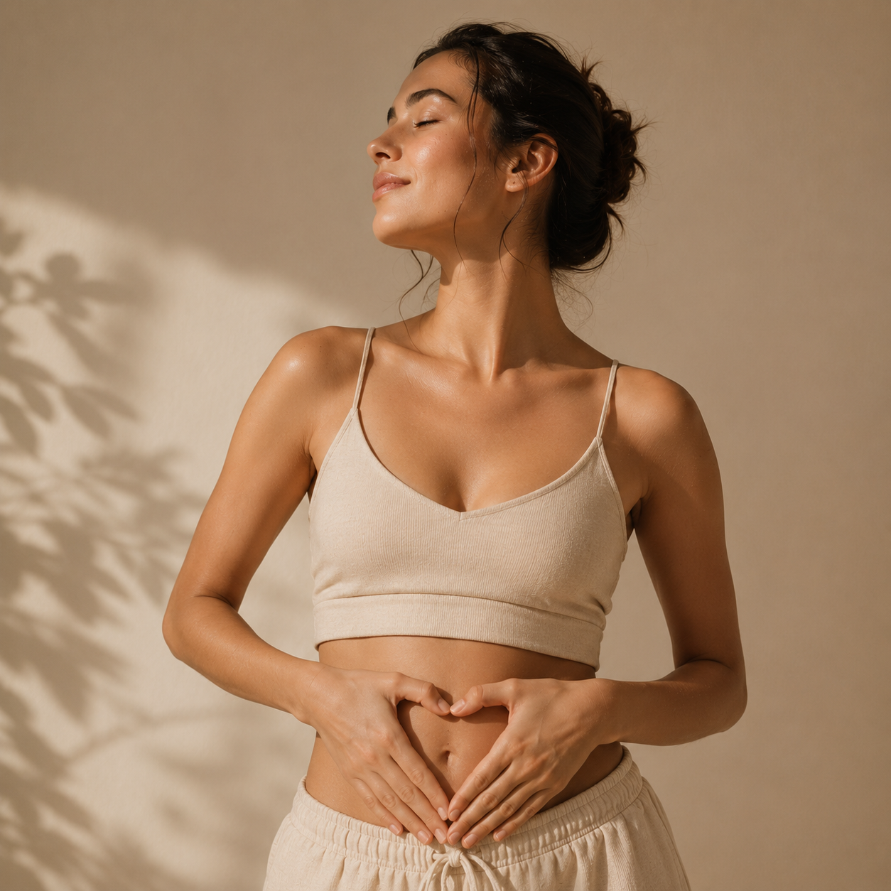 Woman with hands on stomach representing gut health as part of the Inside-Out Symphony approach