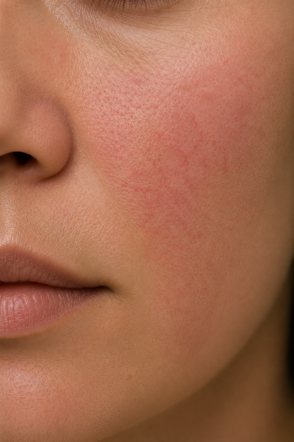 Close-up of the cheek showing visible redness and sensitivity, representing treatments designed to calm inflammation, strengthen the skin barrier and restore a more balanced, comfortable complexion.