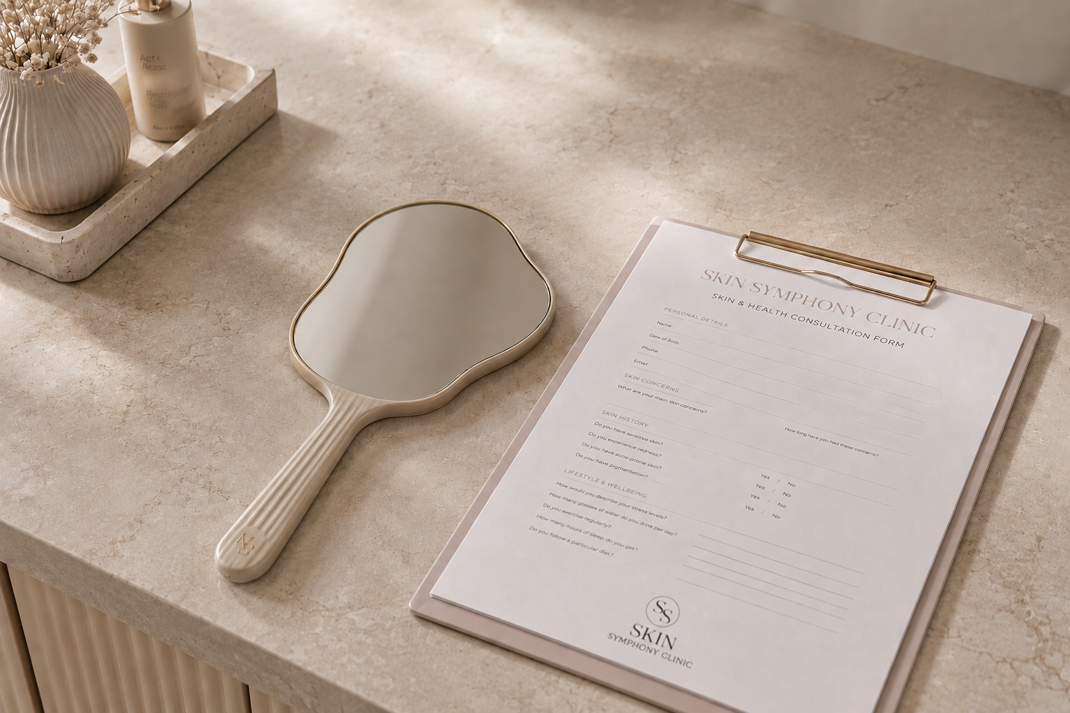 Hand mirror and consultation form on marble surface