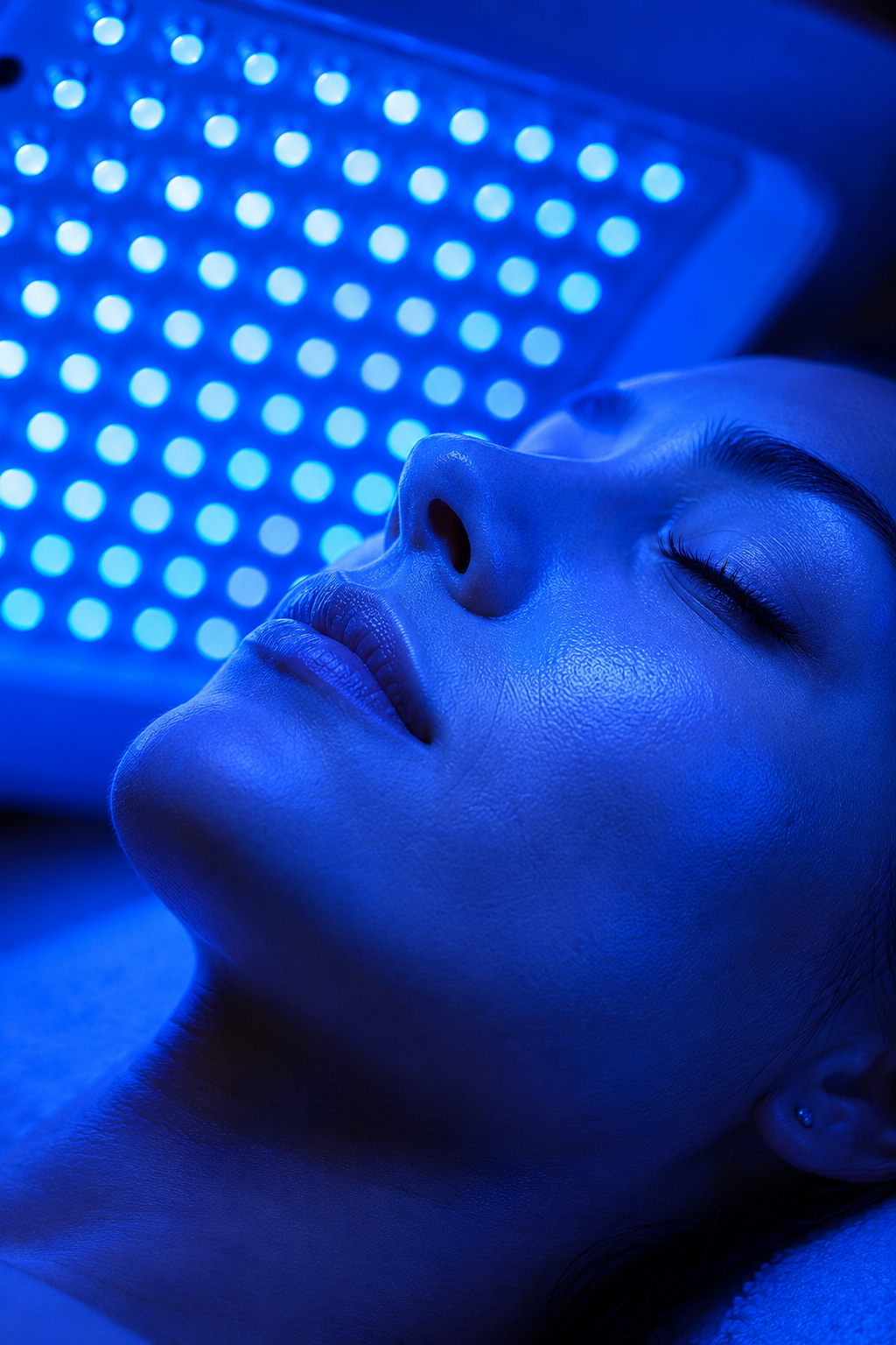 A woman lying with her eyes closed under blue LED light therapy. The light panel emits bright blue light behind her face.