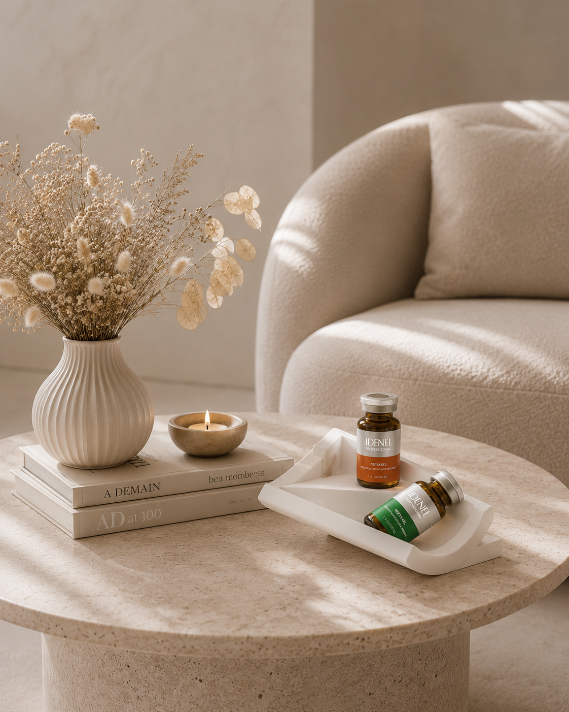 Editorial still life featuring professional skincare ampoules and treatment products representing the Glassifier Skin Rejuvenation experience, designed to brighten, smooth and visibly renew the complexion.
