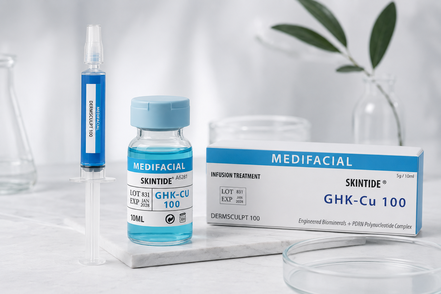 Medical skincare product called Skintide GHK-Cu 100, including a vial, syringe, and box, with a white marble surface and green leaves in the background.