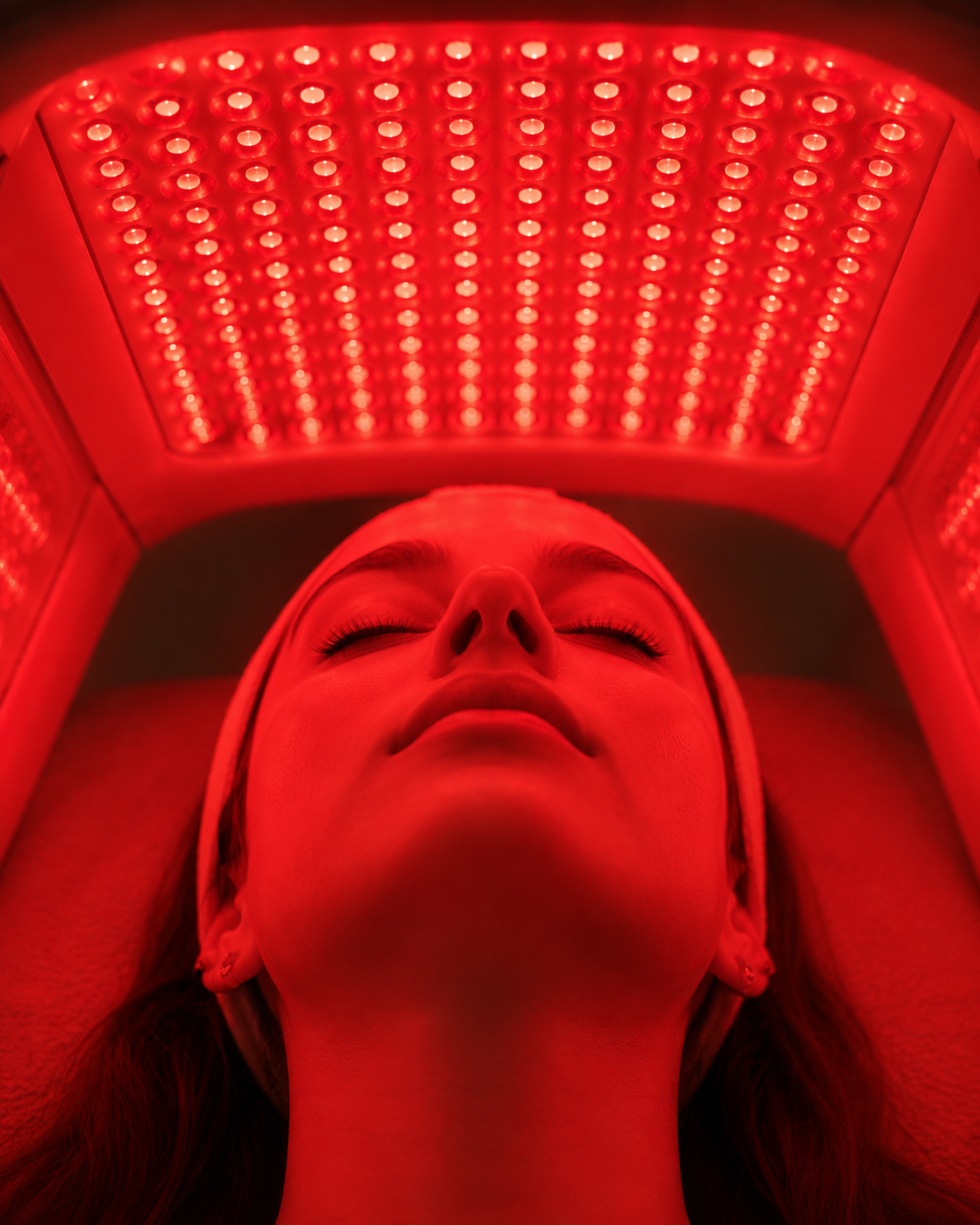 A woman with closed eyes receiving red LED light therapy on her face in a treatment room.