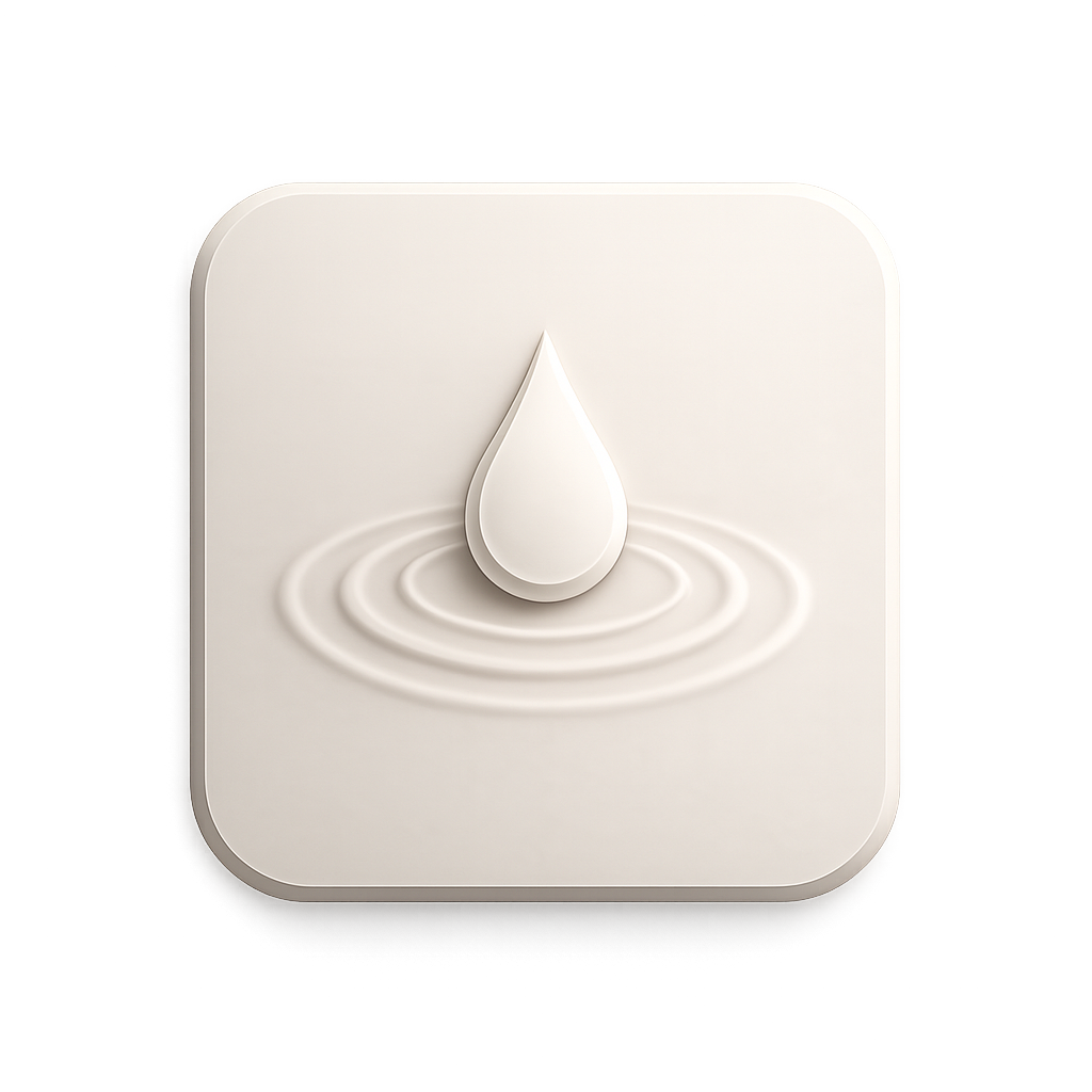 Neutral-toned icon featuring a water droplet with soft radiating ripples, representing calming, soothing and skin hydration.