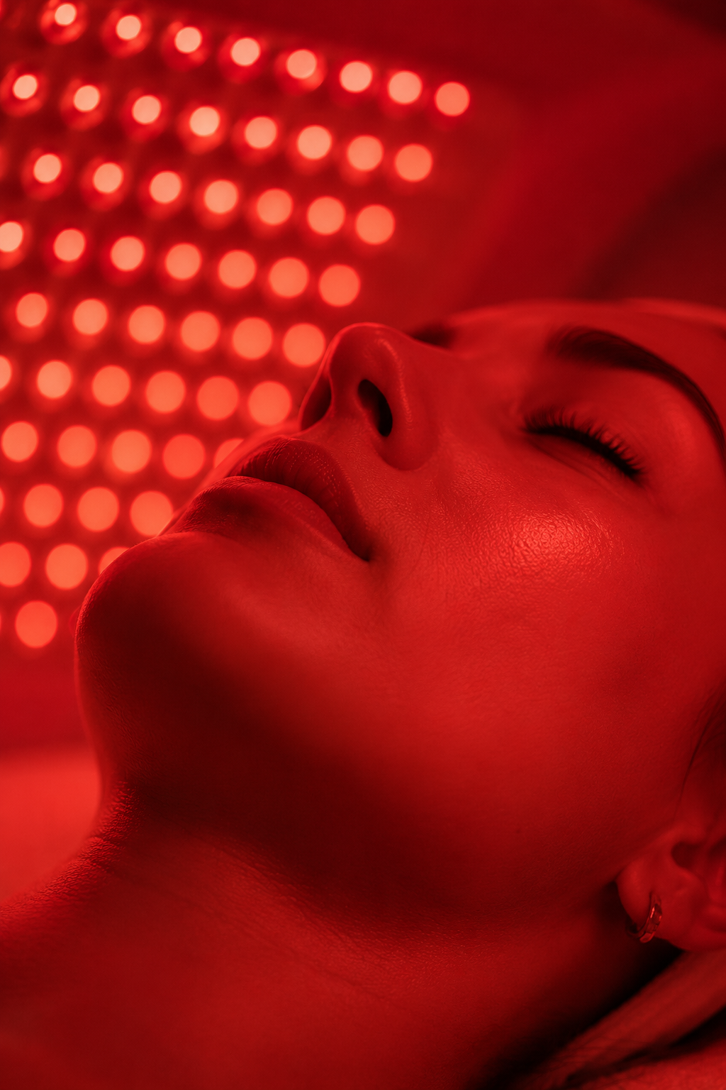 Close-up of a person's face with eyes closed, illuminated in red light, with a background of red circular lights.