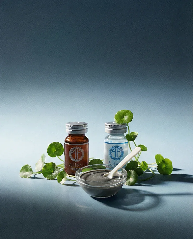 Two small bottles of Ayurvedic remedies with labels, one brown and one blue, placed beside a glass bowl filled with a dark gray paste and a small white spoon, surrounded by green leaves on a minimalist surface with a soft gradient background.
