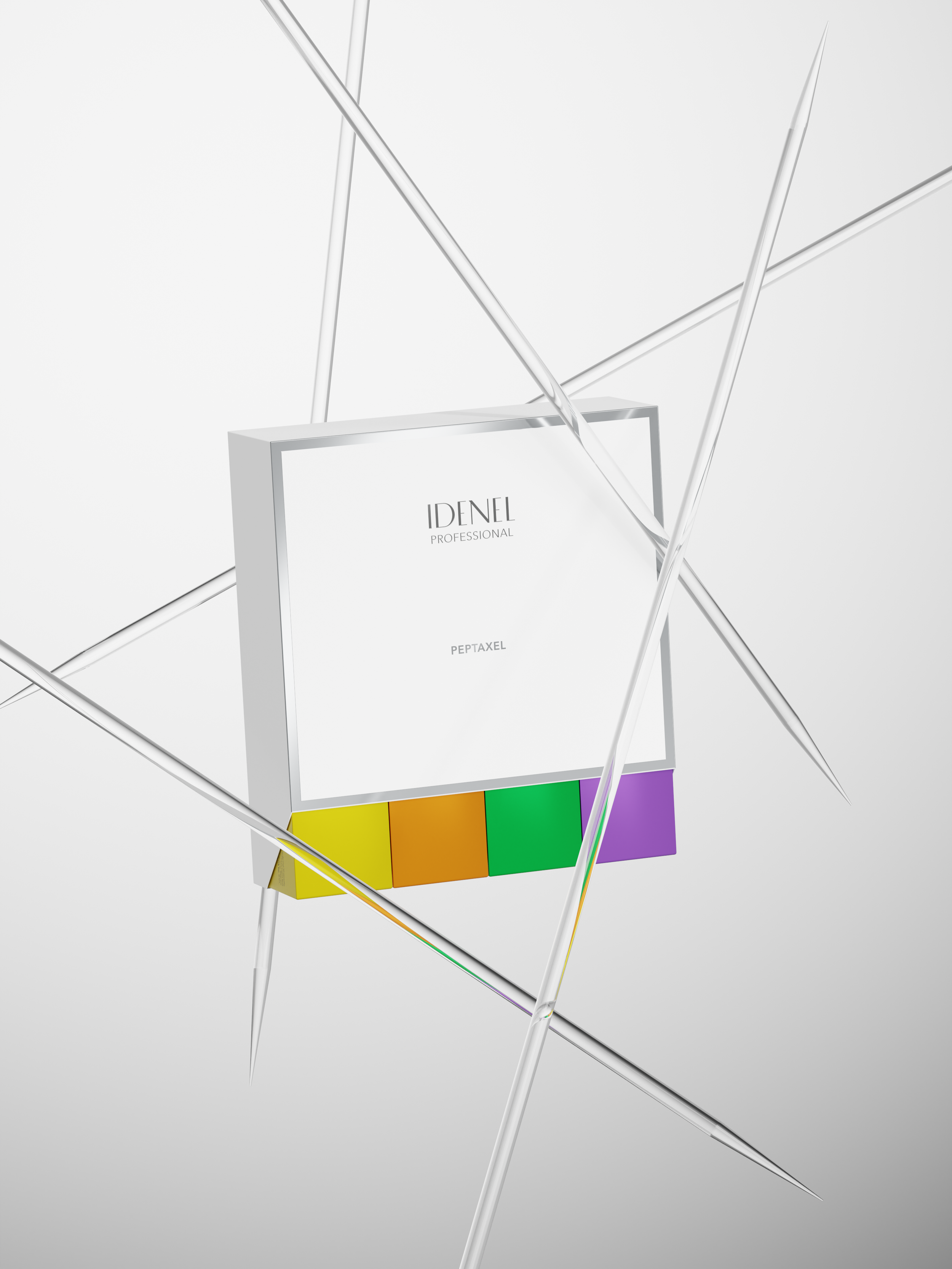 A modern, geometric sculpture with thin metal rods forming interconnected triangular shapes surrounding a white box labeled 'IDENL PROfESSIONAL' with additional smaller text 'PEPTAXEL'. At the bottom, there are small colorful blocks in yellow, orange
