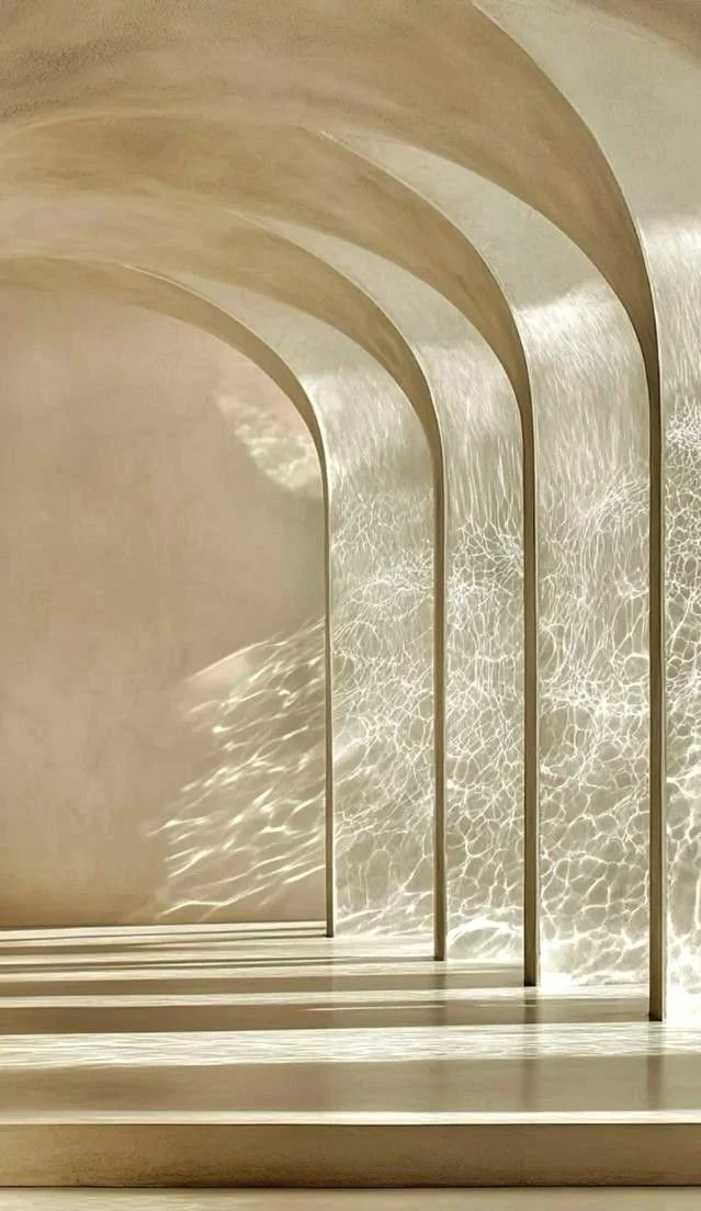 Gold arched interior detail, warm minimalist clinic aesthetic