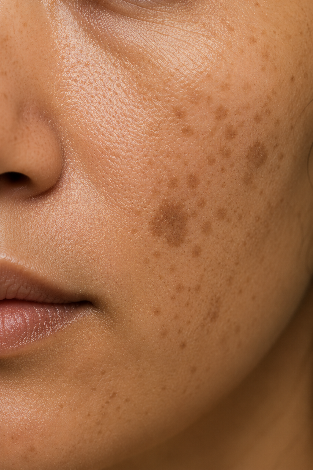Close-up of skin with visible sun spots and pigmentation across the cheek, illustrating uneven skin tone before treatment.