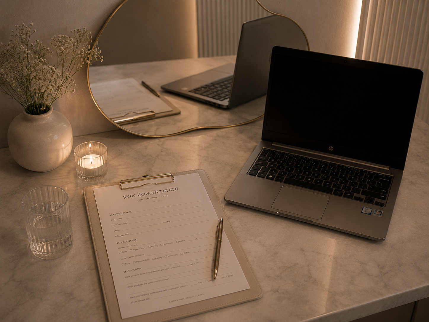 Hand mirror resting on a Skin Symphony Clinic skin and health discovery form, ready for a new client consultation.