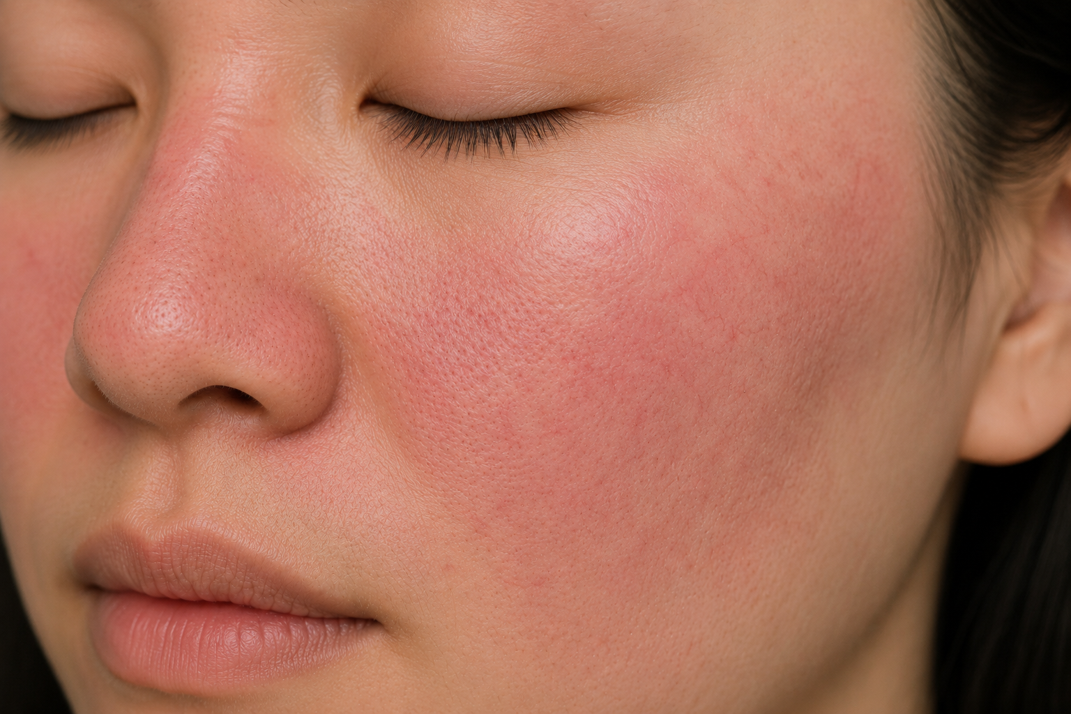 Close-up of a woman's face with visible redness and enlarged pores, with her eyes closed.