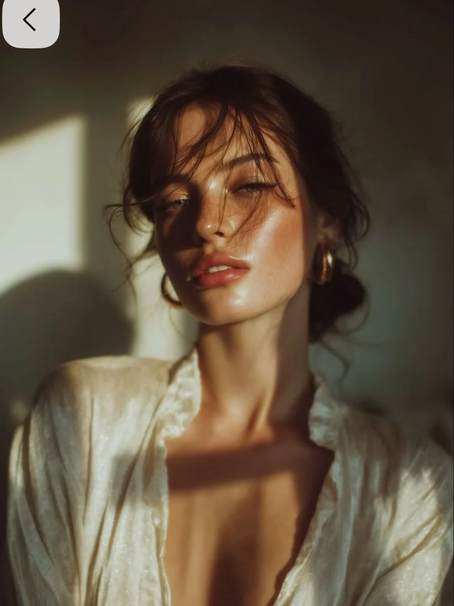 A woman with wavy brown hair, wearing gold hoop earrings and a shiny, light-colored satin or silk blouse, is posing with sunlight casting shadows on her face and shoulder.