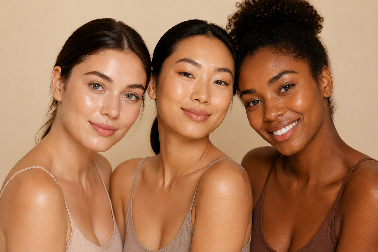 Three women with healthy, glowing skin representing Skin Symphony Clinic results