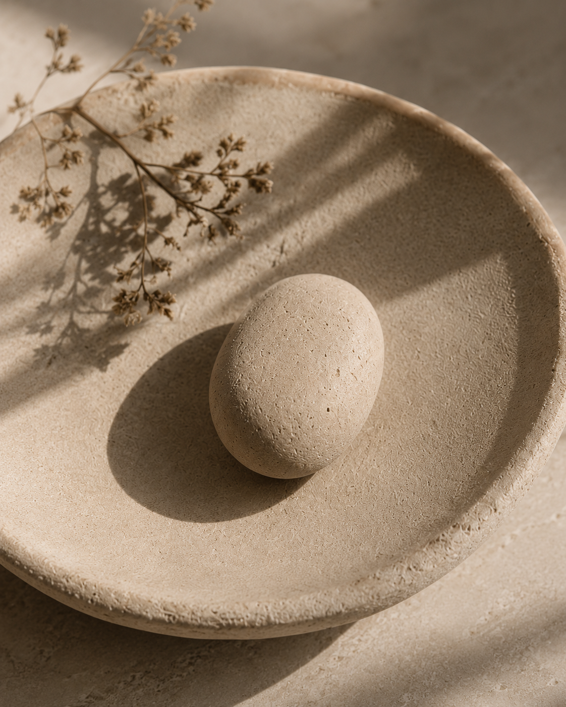 Limestone pebble on ceramic plate