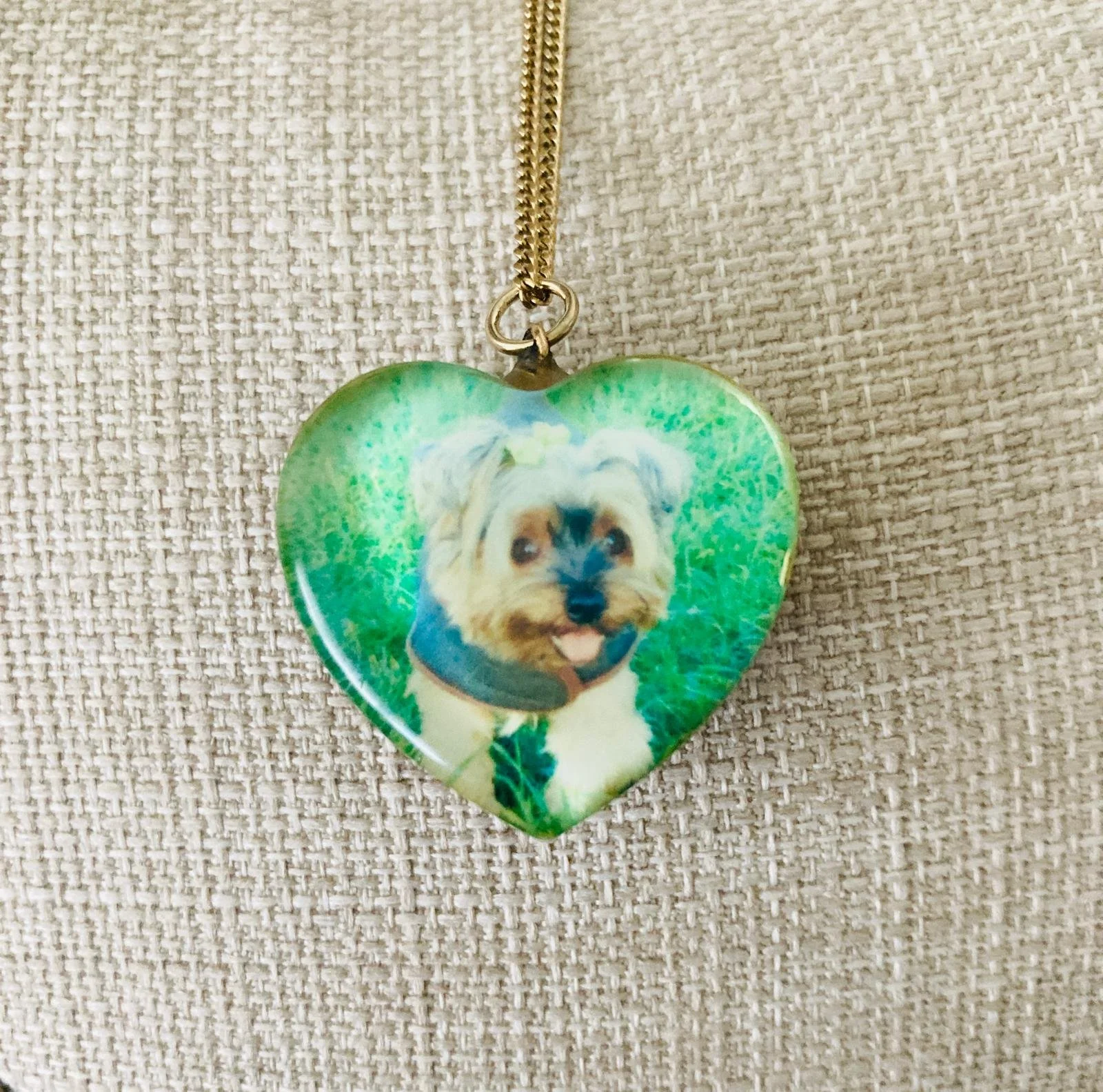 Heart shaped necklace with a photo of a Yorkshire Terrier on the grass