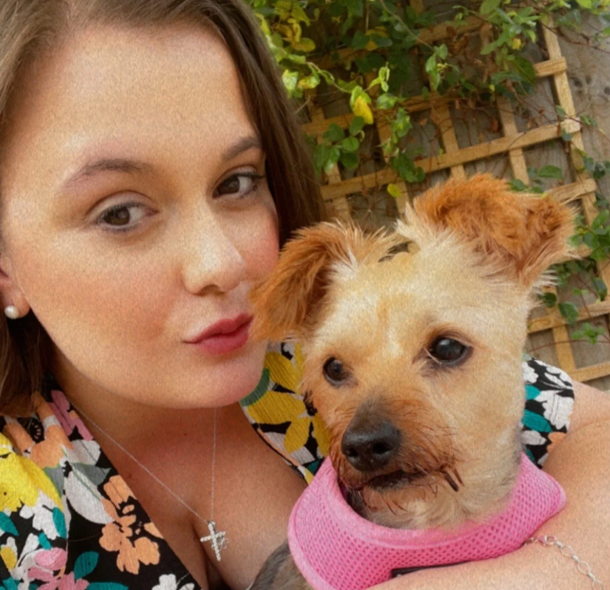 Lady holding a Yorkshire Terrier dog
