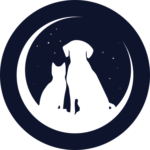 Silhouette of a cat and a dog sitting together inside a crescent moon against a starry night sky. Logo of Final Rest pet crematorium